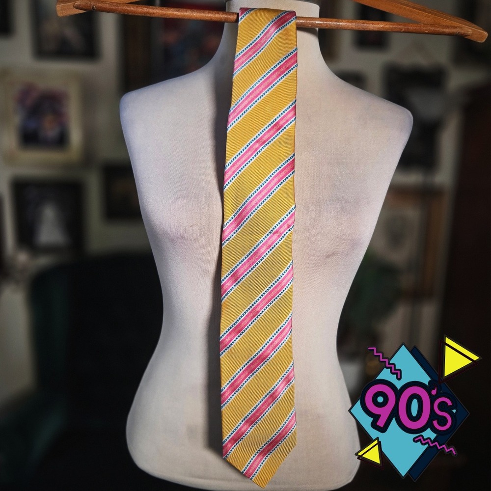 Prada Silk Tie Vintage 90s Yellow Pink Blue Stripe Italy Designer‎ Mens Necktie